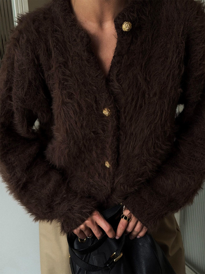 Áo cardigan len dệt kim dáng suông cổ tròn tay dài cài nút phong cách Hàn Quốc — Màu nâu, Xanh quân đội, màu hồng, Đỏ (Còn hàng) chi tiết 50