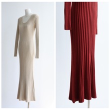 莫代尔棉秋冬U领坑条连衣裙长袖修身显瘦针织裙长裙复古时髦新品