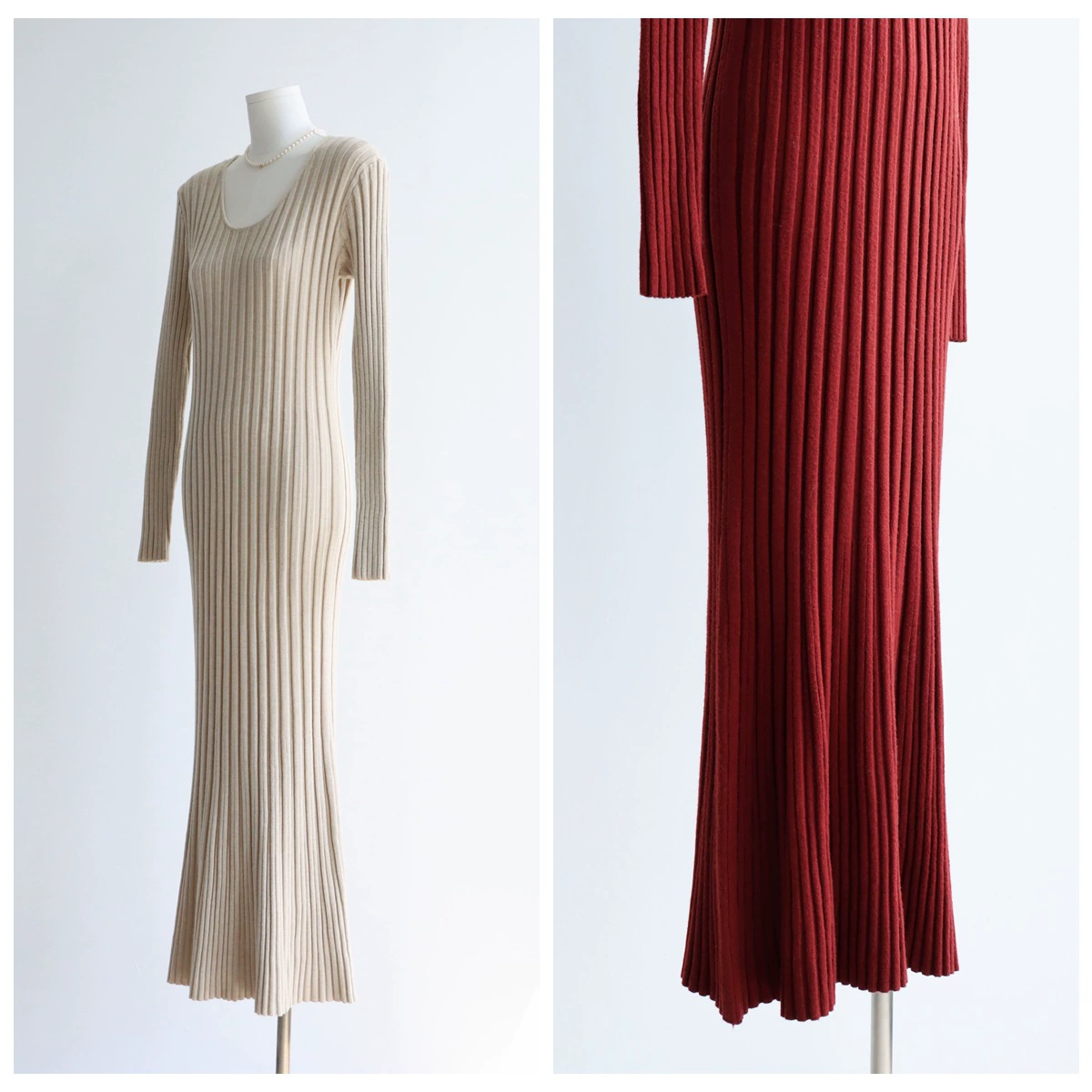 Модальное хлопковое осенне-зимнее платье в полоску с U-образным вырезом, тонкая трикотажная юбка с длинными рукавами, длинная юбка, модный новый продукт в стиле ретро