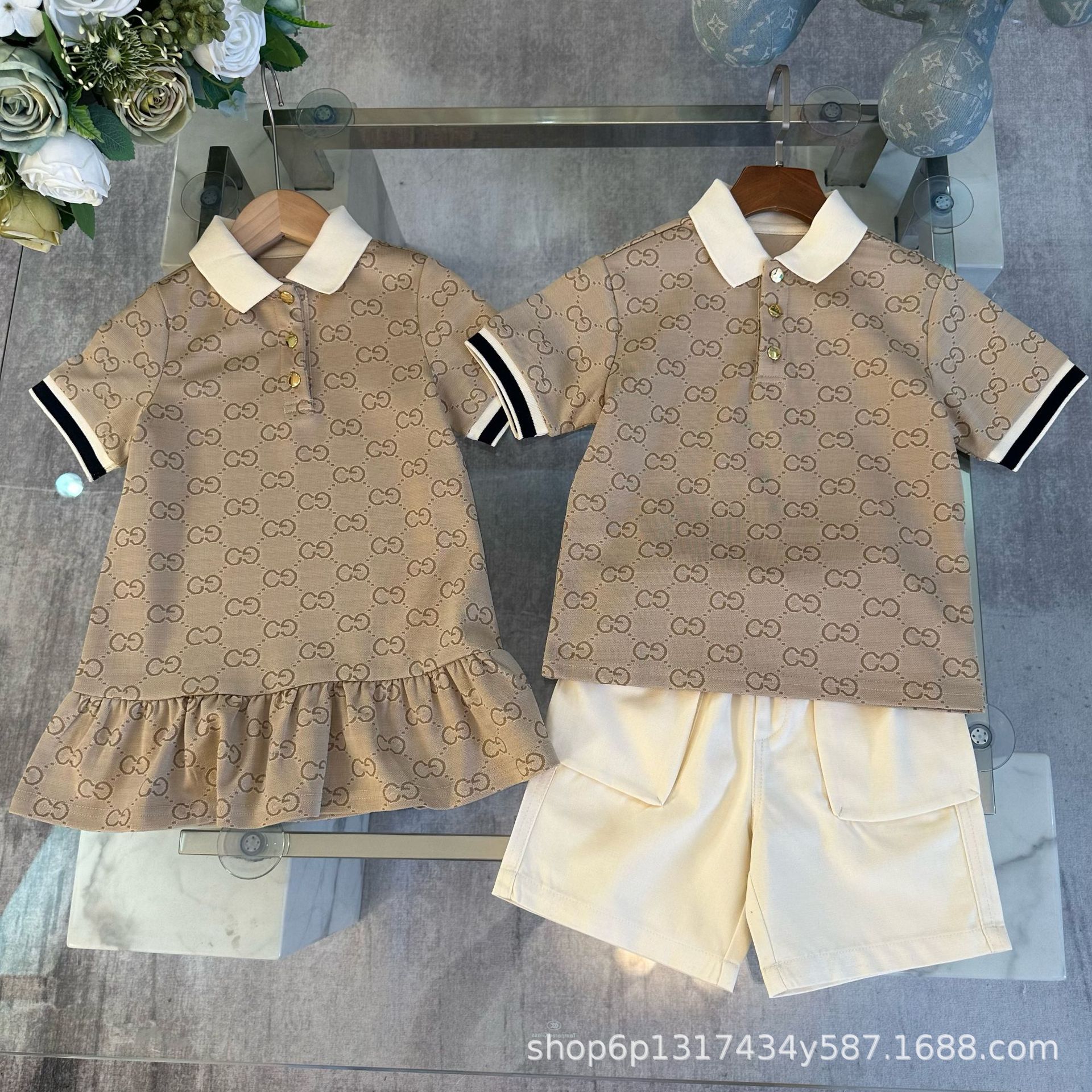 Brother and Sister Outfits New Kidsren's Lapel Polo Shirt Shorts Dress Letter Full Print Casual Pure Color Suit Trendy Export