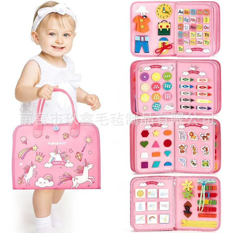 Inventario de fieltro de educación temprana tabla de aprendizaje 3D tranquilo libro puzzle DIY rosa cinco páginas unicornio ocupado edición al por mayor