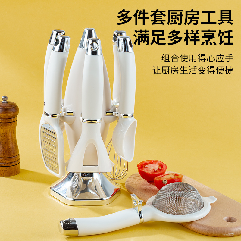 Nuevo conjunto de herramientas de cocina con soporte de asiento cuchillo de piel casero abridor de botellas cuchara de helado cuchillo de pizza conjunto de combinación