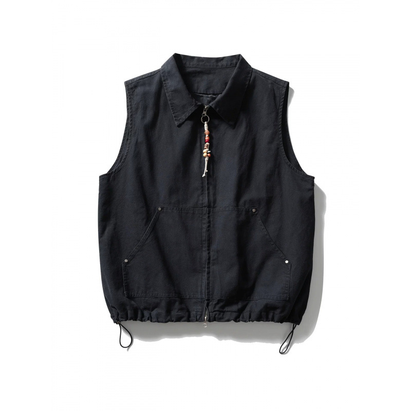 Barn-style retro washed solid color distressed tactical zip-up work vest vest loose layered Autumn