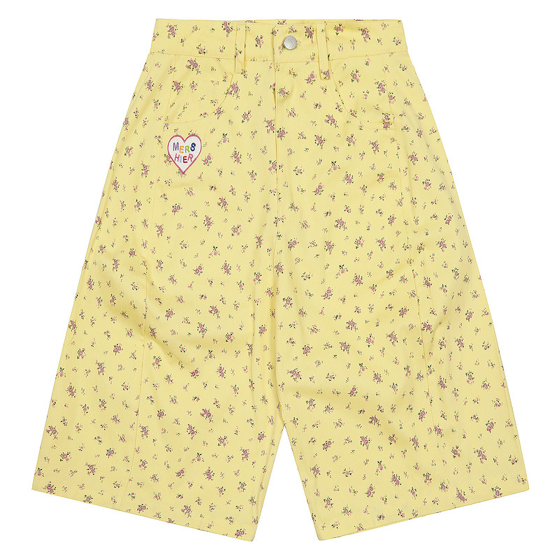 American Retro Floral Print Cropped Pants for Men and Women, Summer Loose Wide-Leg Dopamine Trendy Light Yellow Casual Pants