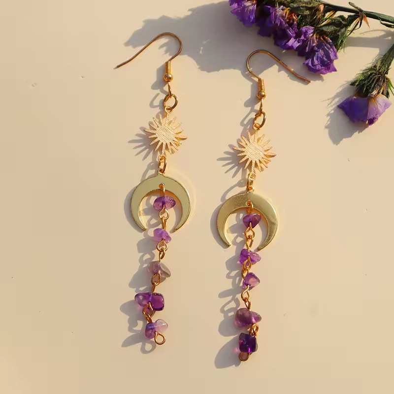 26g Weight 925 Sterling Silver Ear Needle Material Drop Earrings Classification Women's Crystal Healing Irregular Moon Drop Earrings Healing Crystals Jewelry