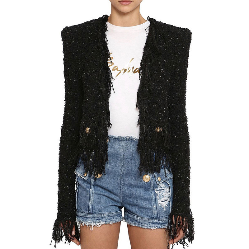 23185 In-Stock Spring and Autumn New Style Shiny Tweed Fringe Edge Button Cardigan Women's Jacket Cardigan Top