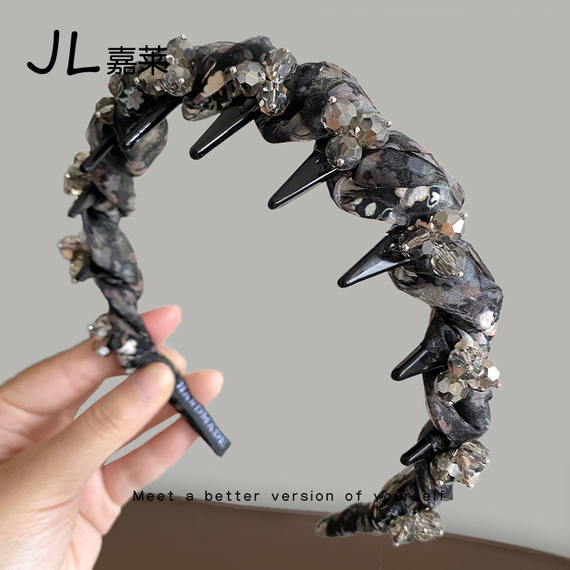 ハイエンドの黒蝶結晶花波状ヘッドバンド、歯付き、滑り止め、頭頂部を高める女性用ヘッドバンド、ファッショナブルで多用途なヘッドバンド|undefined