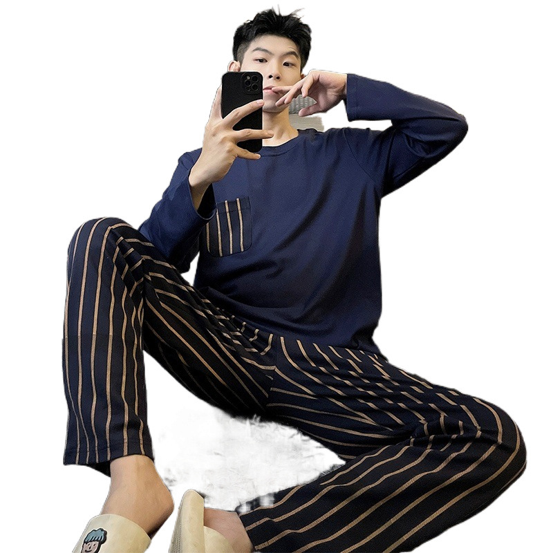 남성 봄, 가을 잠옷 새로운 긴팔 바지 정장 고가 캐주얼 스포츠 대형 사이즈는 집 밖에서도 입을 수 있습니다