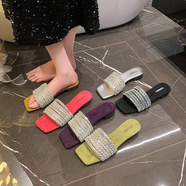 Qadın Rhinestone Sürüşən Ayaqqabı, Kvadrat Burun, Orta Daban