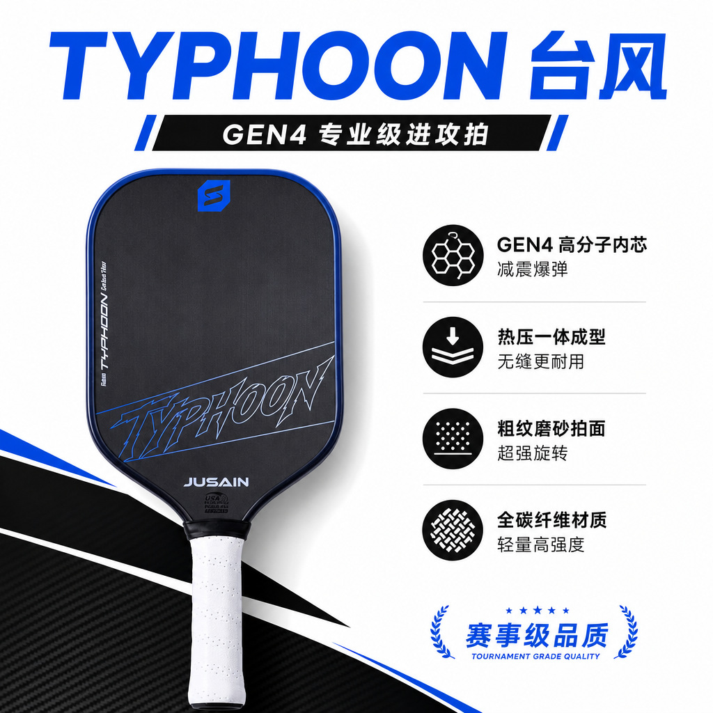 Fourth-generation carbon fiber T700 core, heat-pressed integrated pickleball paddle with coarse textured matte finish, competition-grade