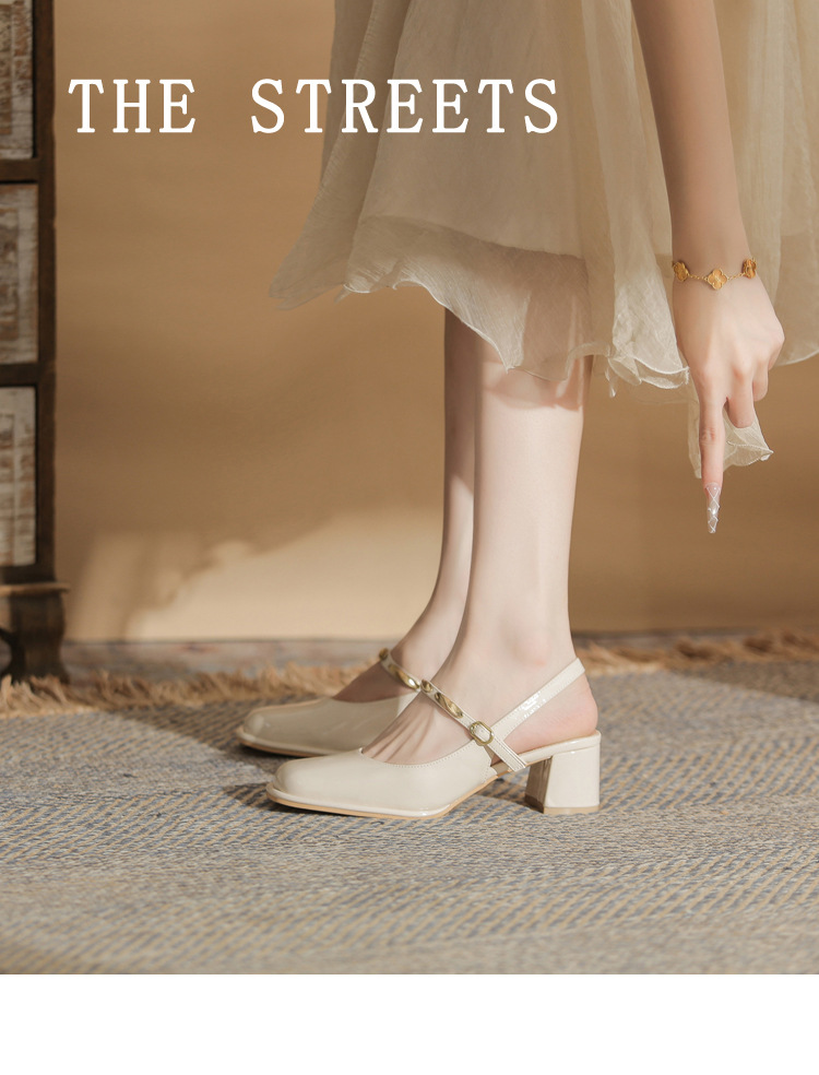 Sandal cao gót nữ hở mũi mũi vuông gót thô 9 cm — màu đen chi tiết 1