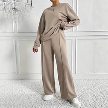 欧美跨境ins风热销新款纯色圆领长袖长裤套装女装气质两件套现货