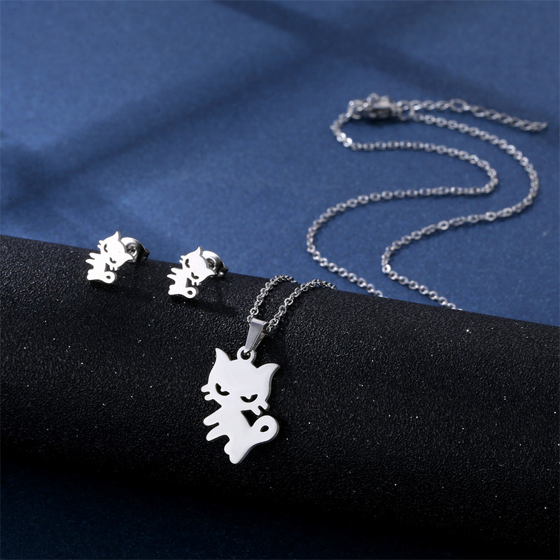 fashion cute kitten stainless steel earrings necklace set