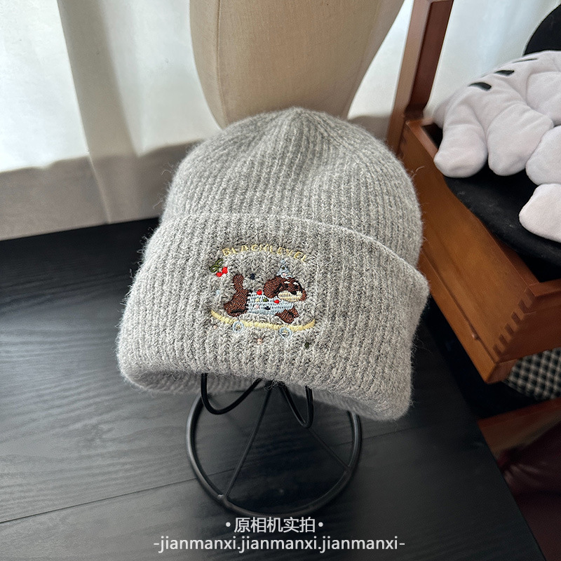 卡通可爱刺绣滑板小狗针织帽子女秋冬季保暖百搭慵懒显脸小包头帽|undefined