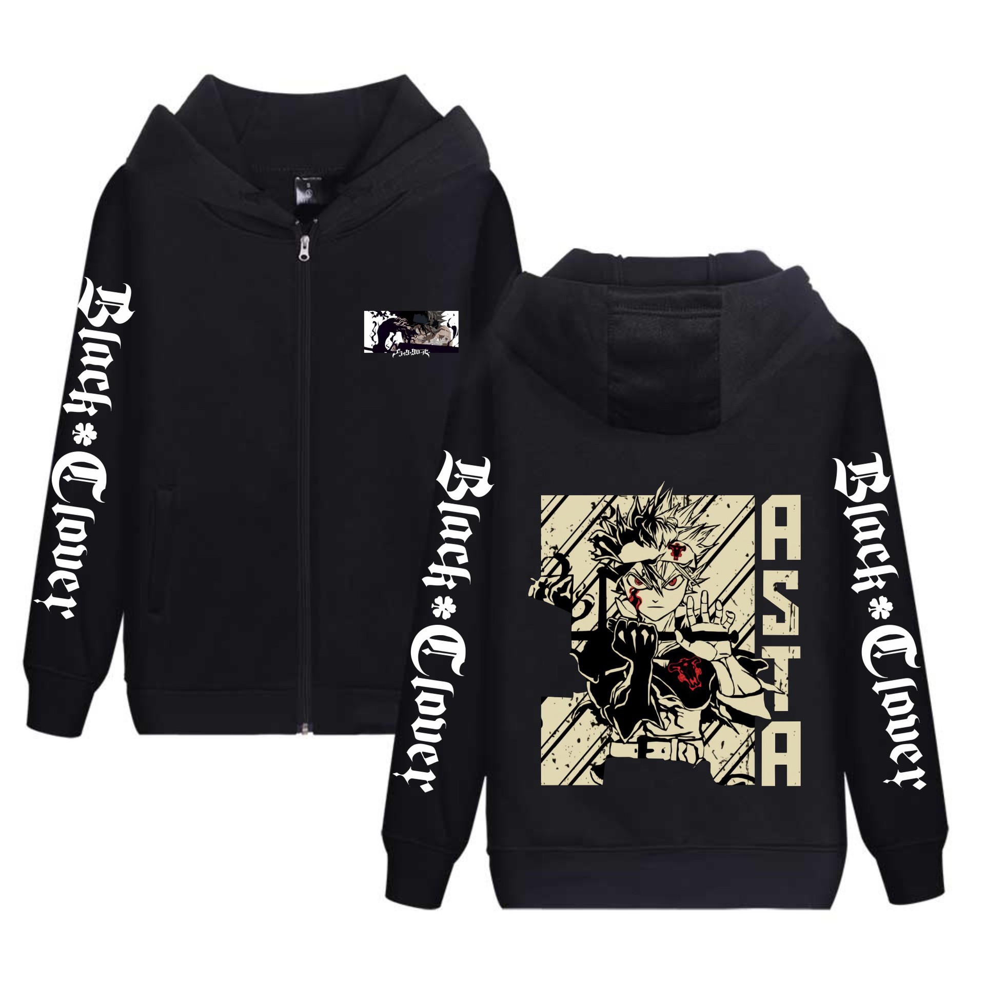 Trébol de cuatro hojas negro nuevo estilo transfronterizo Black Clover más sudadera con capucha de terciopelo con cremallera suéter de pareja