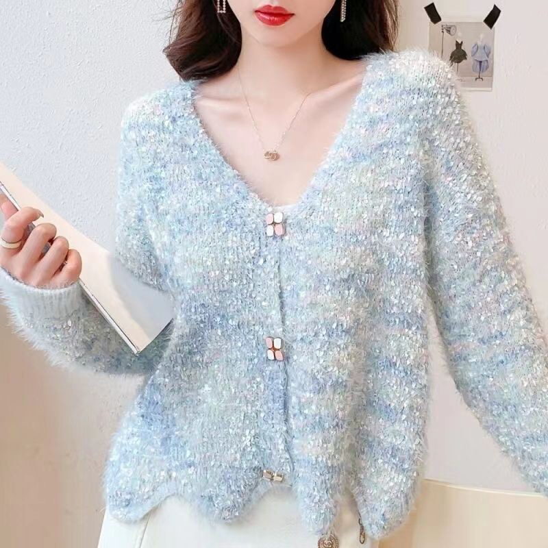 Korean Style Lazy Style Imitation Mink Velvet Knitwear Jacket Loose Outer Wear 2025 New Autumn and Winter Fashion Knitwear Women's Cardigan