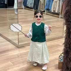 女童2024春秋清新中國風馬面裙套裝小女孩古裝漢服春裝唐裝三件套