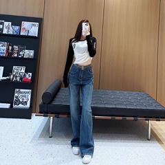 南油女装裤子批发2025早秋织带双头腰直筒牛仔裤女复古克罗长裤