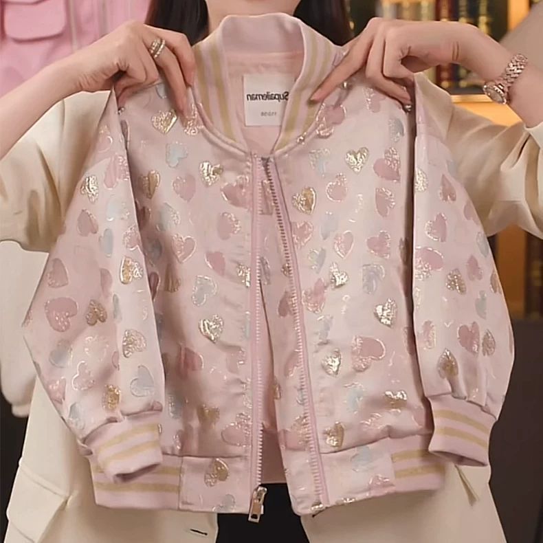 女童儿童外套爱心棒球服2025春秋款中大童提花中式外套时髦秋装