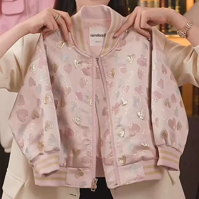 女童儿童外套爱心棒球服2025春秋款中大童提花中式外套时髦秋装