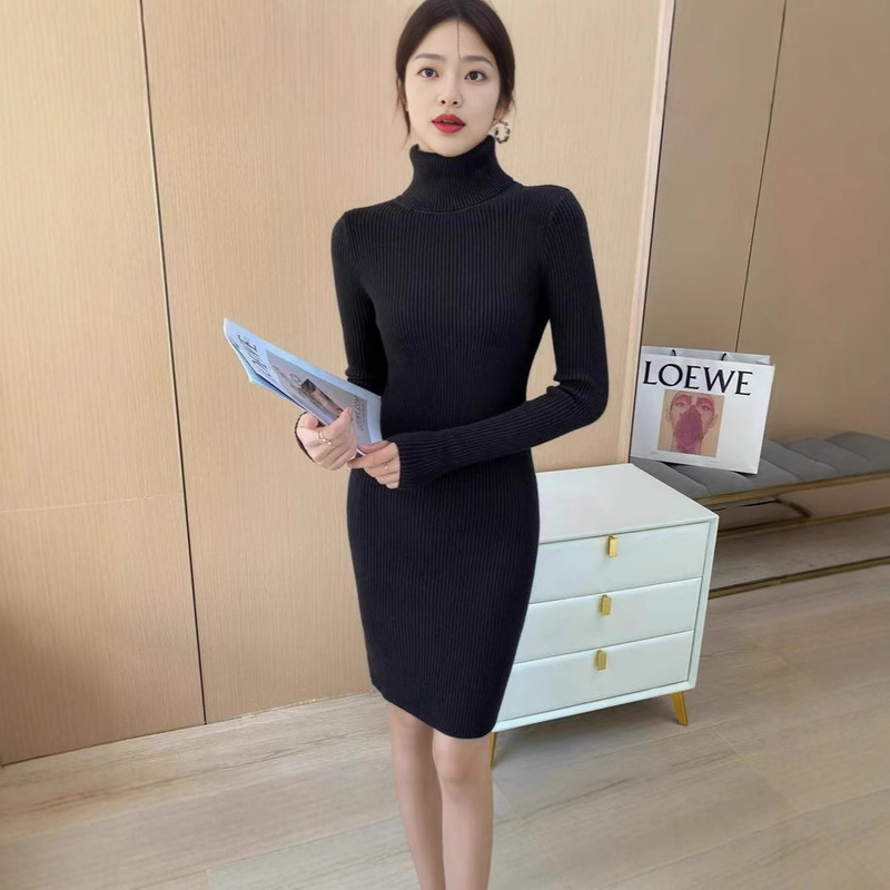 Autumn and Winter New Thin Mid-length Inner Long-sleeved Knitted dress Women's Spring Autumn and Winter Turtleneck Sweater Base Skirt for Hip Autumn and Winter New Thin Mid-length Inner Long-sleeved Knitted dress Women's Spring Autumn and Winter Turtleneck Sweater Base Skirt for Hip