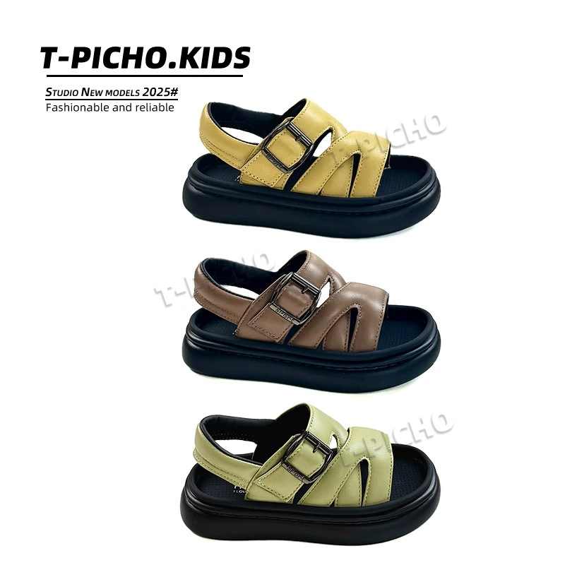 Детские сандалии из овчины 2025 Лето Новые универсальные туфли для девочек Корейский стиль Мягкая подошва Пляжная обувь для мальчиков и девочек постарше.