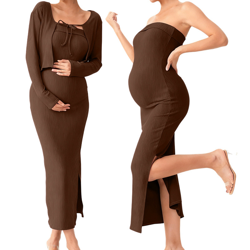 Cross-Border European and American Style Burgundy Maternity Dress Two-Piece Set with Drawstring Hollow-Out Long Skirt and Short Cardigan for Pregnancy, Dating, and Commuting Cross-Border European and American Style Burgundy Maternity Dress Two-Piece Set with Drawstring Hollow-Out Long Skirt and Short Cardigan for Pregnancy, Dating, and Commuting