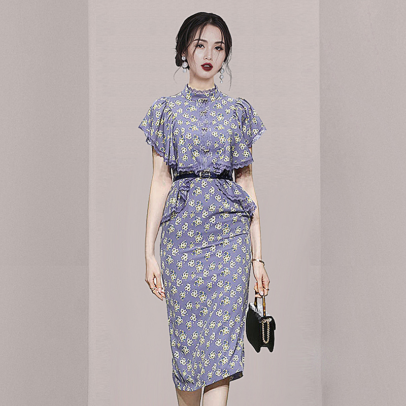 Summer fitted retro long shiffon dress
