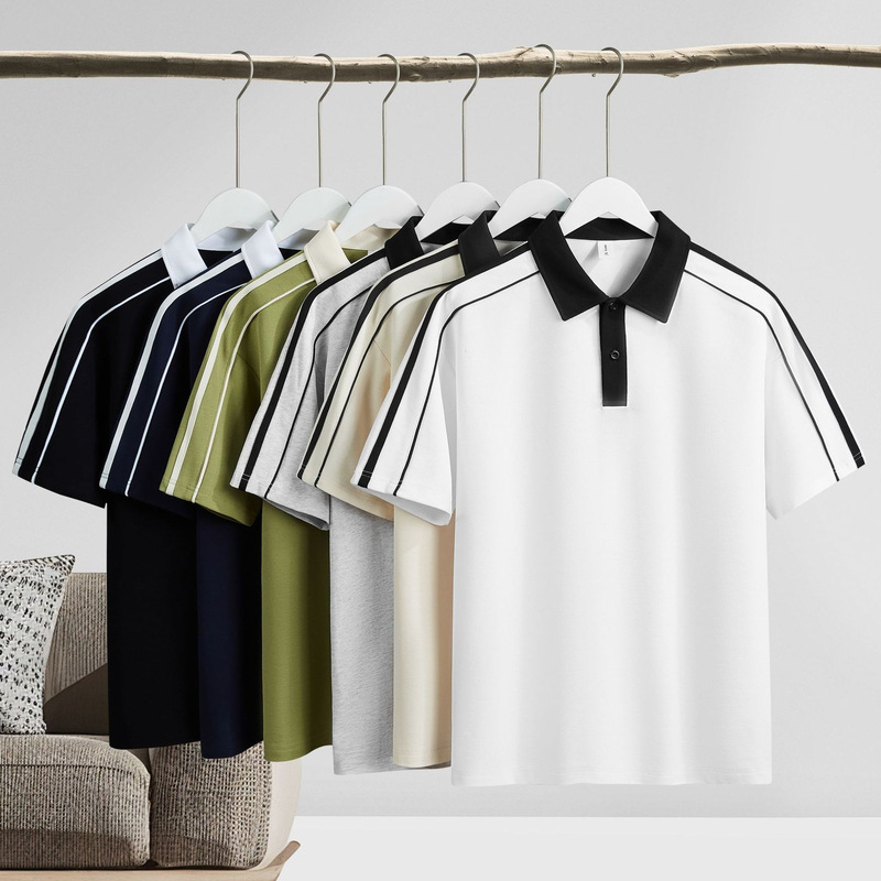 Spring and summer 240G heavy pearl cotton contrast striped polo shirt short sleeve fashion brand daily simple Joker lapel T-shirt