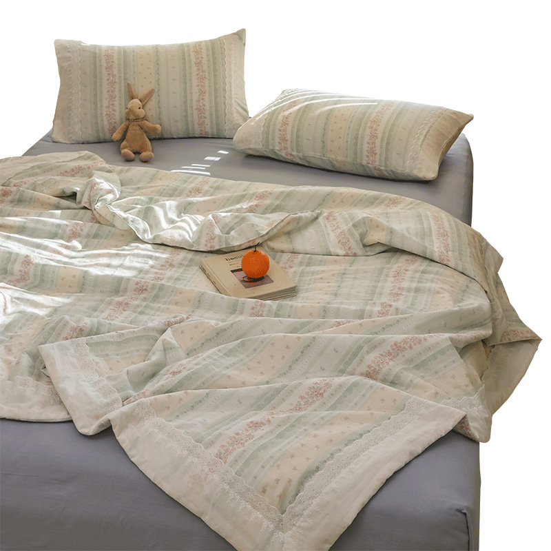 Edredón fresco de verano de soja de hilo de doble capa de algodón, edredón de aire acondicionado de encaje lavable a máquina de algodón, edredón de verano individual, juego de cuatro piezas
