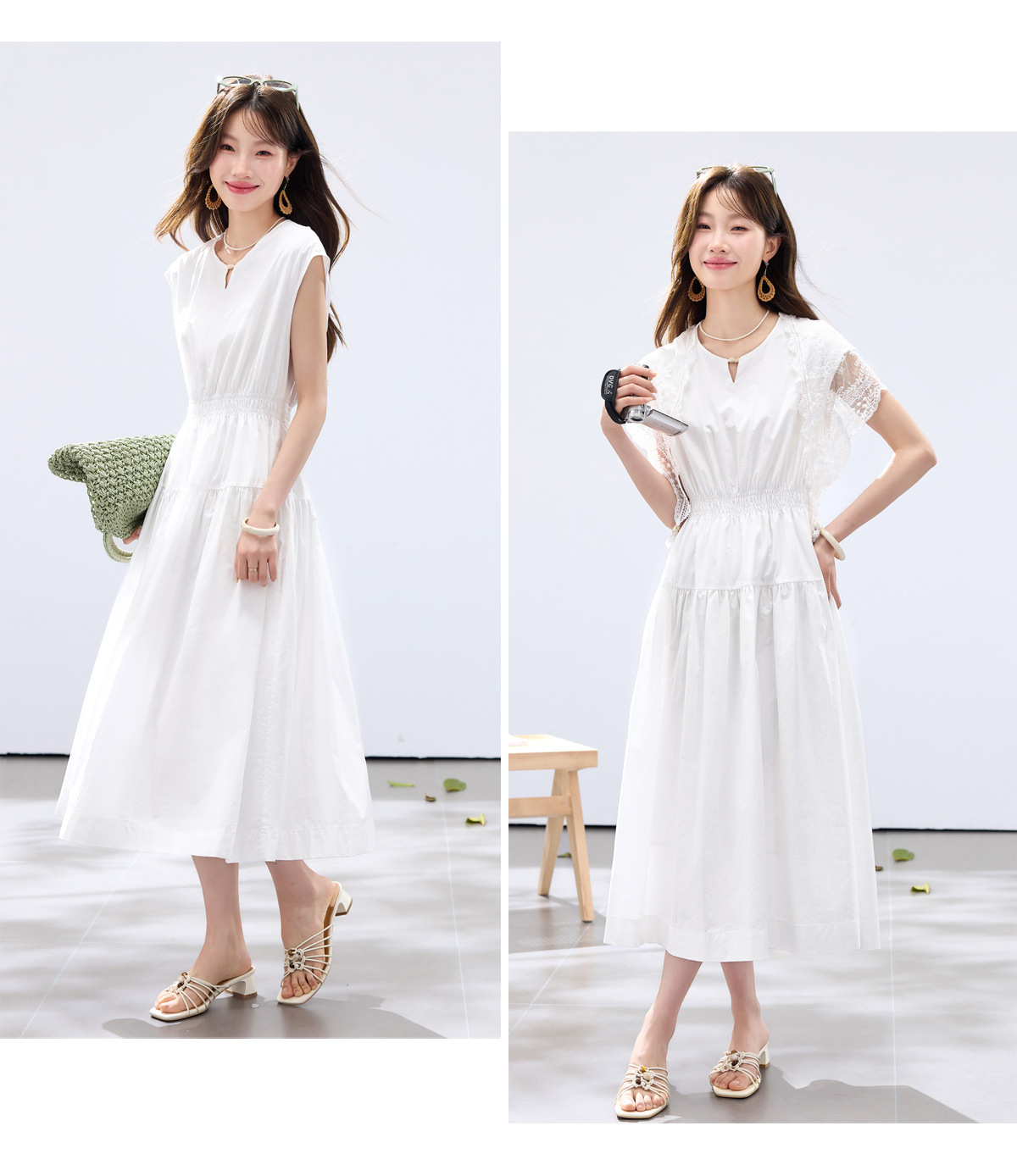 Đầm suông midi tay ngắn A chữ, kèm khăn choàng ren, dáng suông che khuyết điểm — màu trắng, màu vàng chi tiết 16