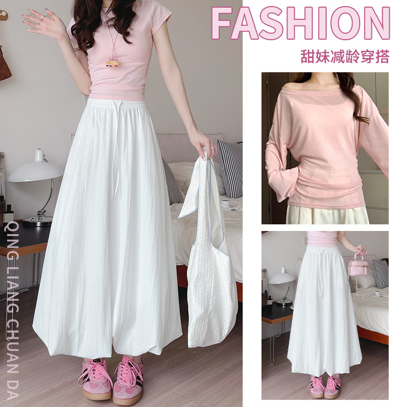 White Puffy Flower Bun Dress Women's Spring and Autumn 2025 New Slimming High Waist Skirt Lace-up Mid-length A- line Umbrella Skirt