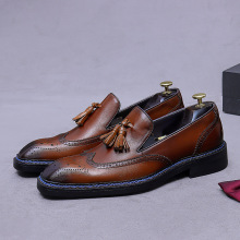 头层牛皮雕花潮流男鞋真皮复古低帮鞋商务套脚流苏套胶男士皮鞋