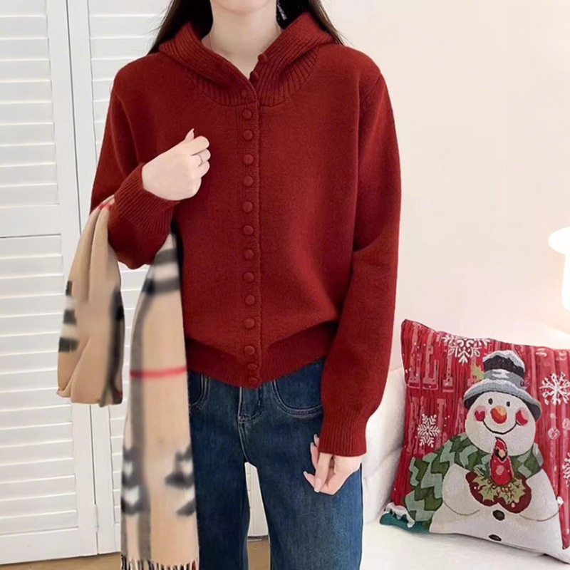 Hooded single-breasted knitted cardigan for women, 2025 spring new style, plus size, solid color, high-end, stylish, long-sleeved sweater