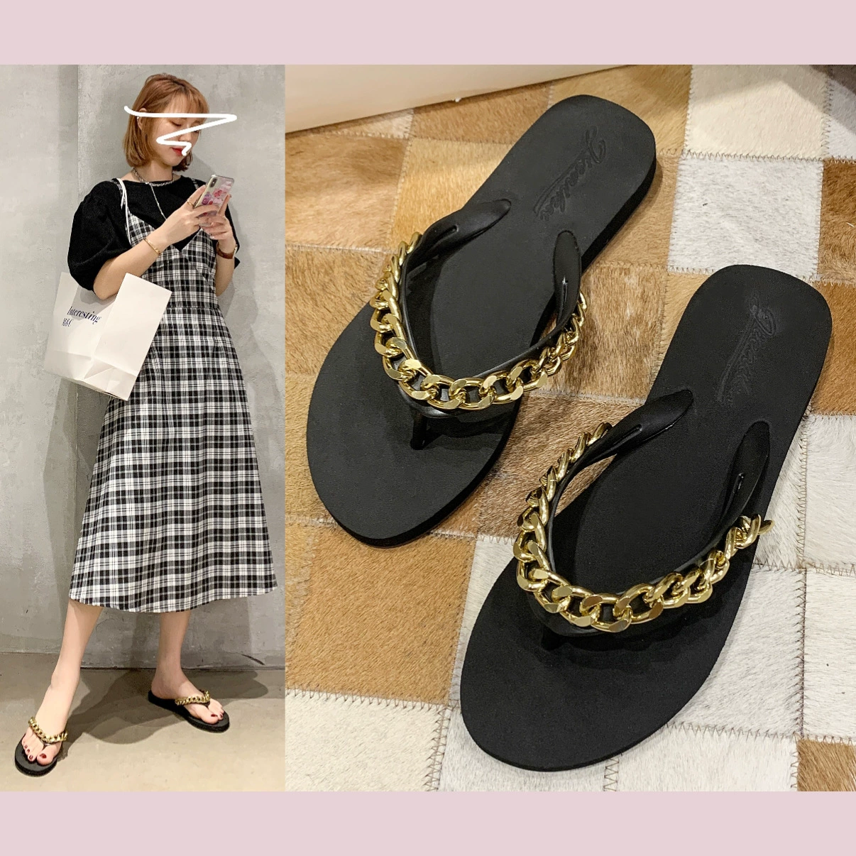 2023 Модные универсальные шлепанцы с цепочкой, женские летние новые сандалии на плоской подошве в Корейском стиле для женщин