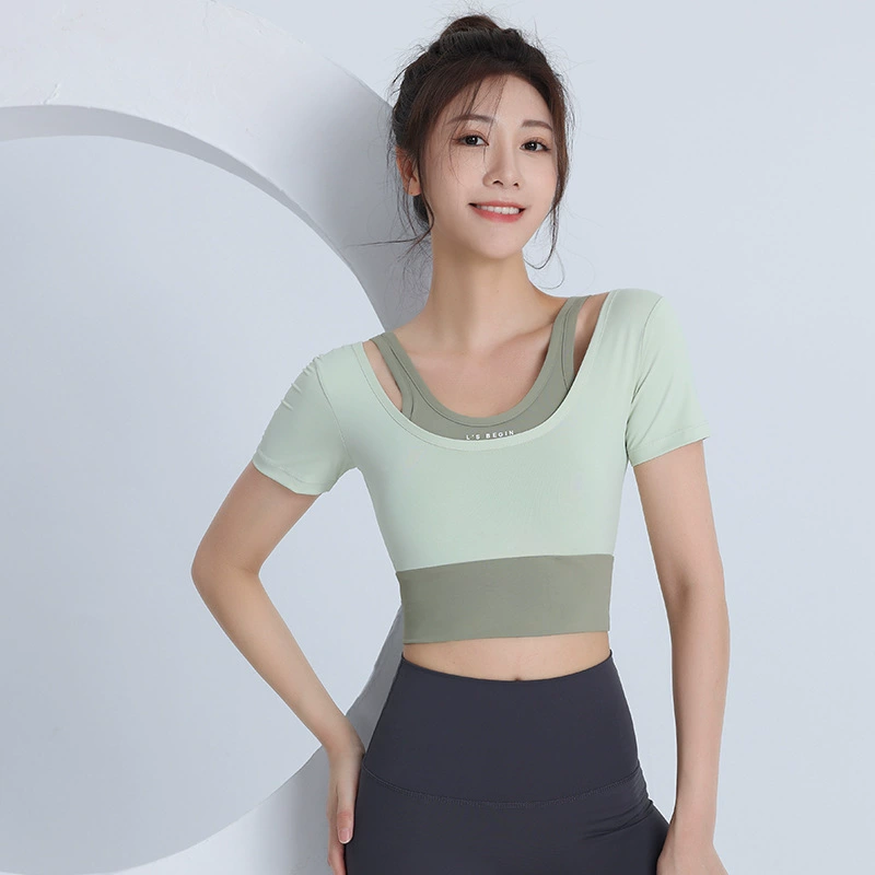 С ковриком на груди, платье для йоги, женское Поддельные Две узкие футболки с короткими рукавами, быстросохнущая одежда для фитнеса спортивный топ летний