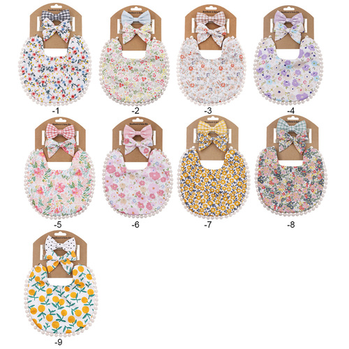 ins linen cotton double-sided printing baby anti-spitting saliva towel floral saliva pocket children's bib headband set