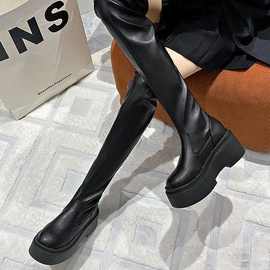 厚底小个子增高弹力瘦瘦靴女长筒过膝长靴粗腿高筒靴大筒围骑士靴