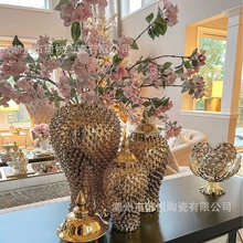 欧美奢华电镀金色花瓶高级感装饰摆件会所酒店前台桌面陶瓷工艺品