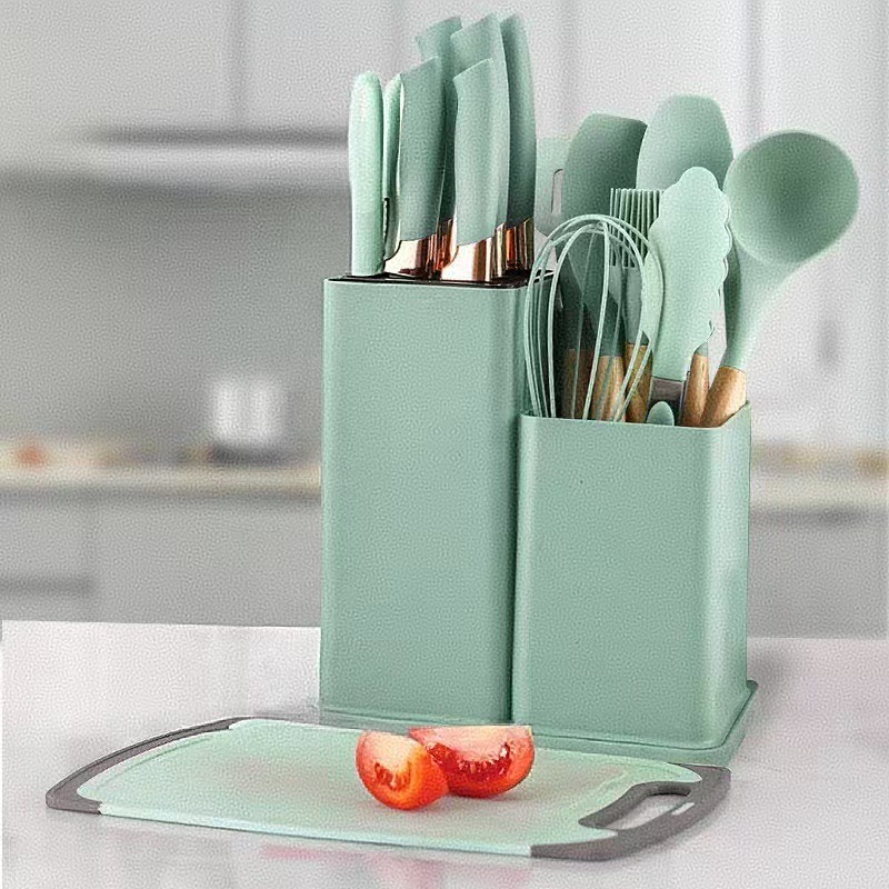 19 piezas de cubierta de cocina de silicona conjuntos de cuchillos conjuntos de combinación antideslizante anti-escaldado antiadherente pane con tablero de verduras conjunto de barril al por mayor image 10