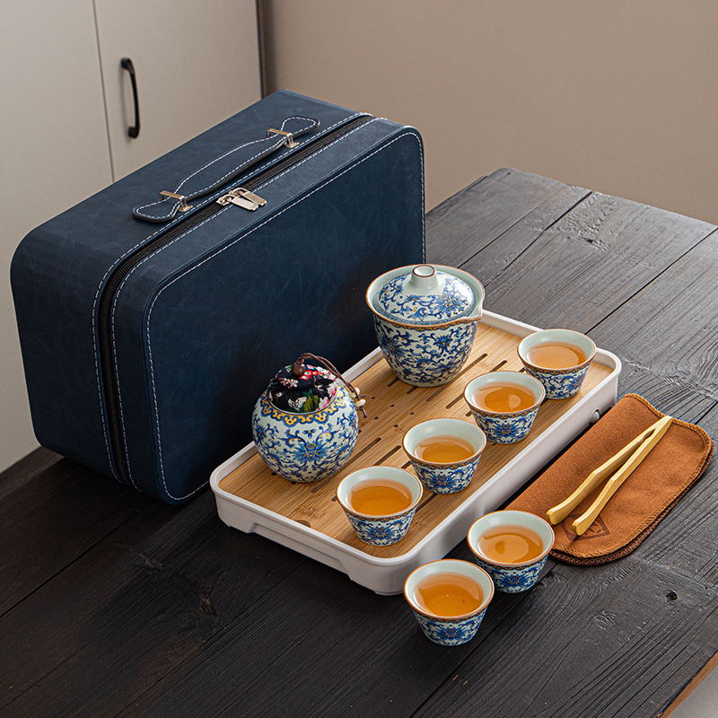 Ru kiln travel tea set suit a pot of three cups portable fast cup outdoor kung fu teapot a complete set of printed logo