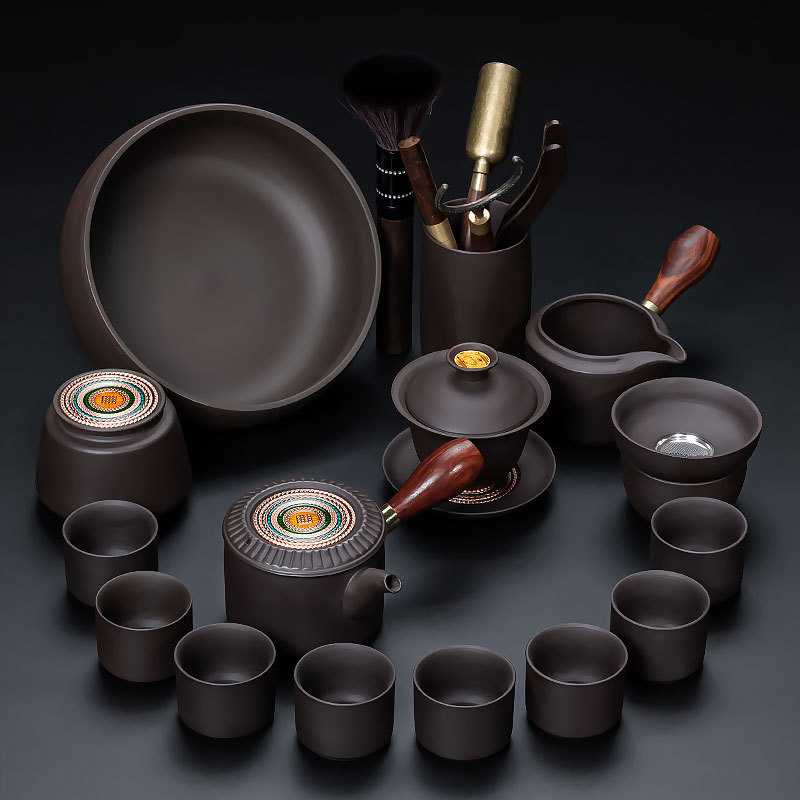 ✲☾☾✲16 보라색 모래(다채로운 만다라) 측면 손잡이/나무 - 8잔 + 다도 + 차 세척 + 차 캔✲☾☾✲