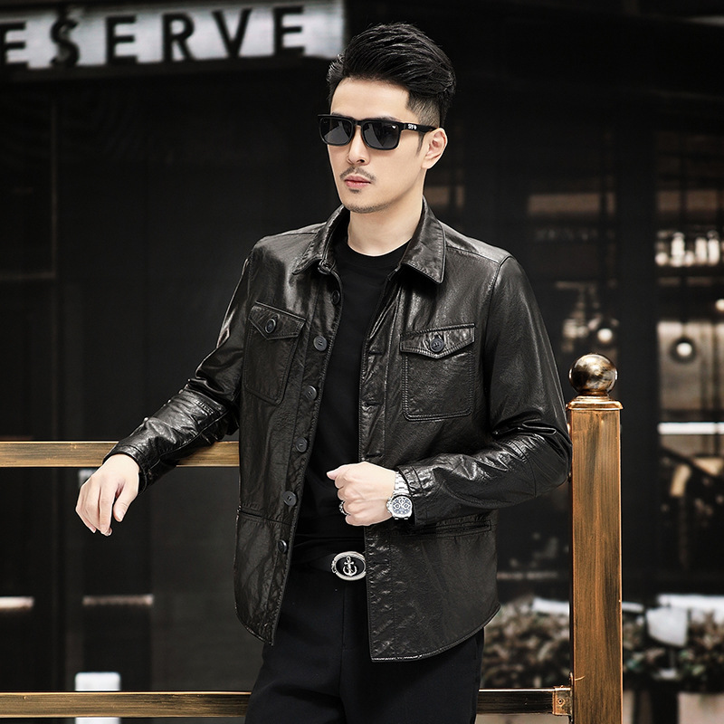 春秋款海宁真皮皮衣男油蜡牛皮夹克机车皮衣韩版修身外套百搭皮衣