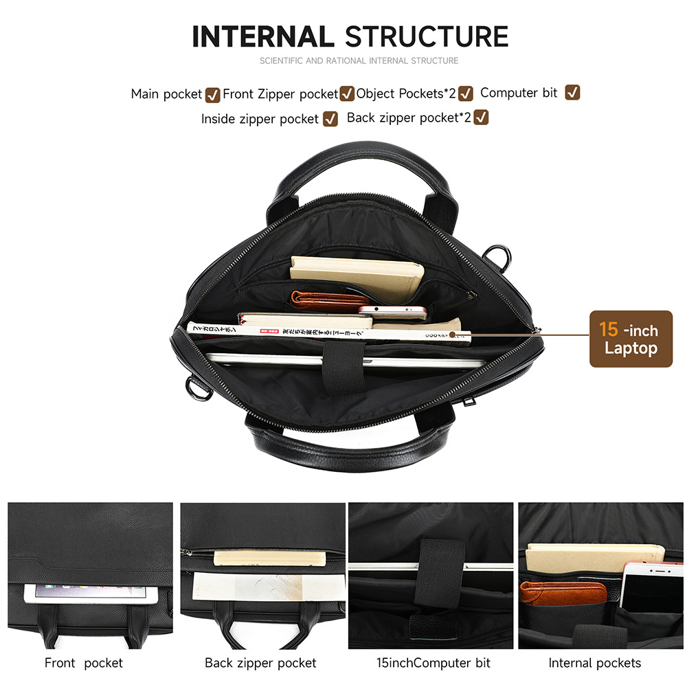 Cặp da bò lớp đầu tiên công sở nam đơn giản, đeo chéo, đựng laptop 15 inch, dung tích lớn — đen