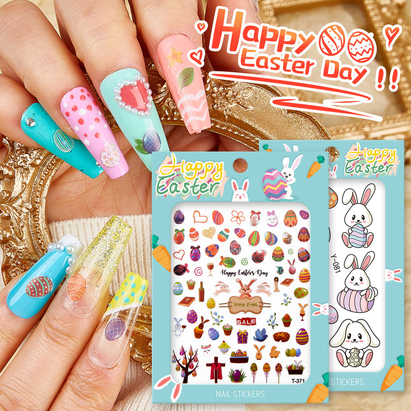 Cross-border hot Easter nail stickers luminous tattoo stickers 3D rabbit colorful egg nail jewelry sequins Nail Polish glue