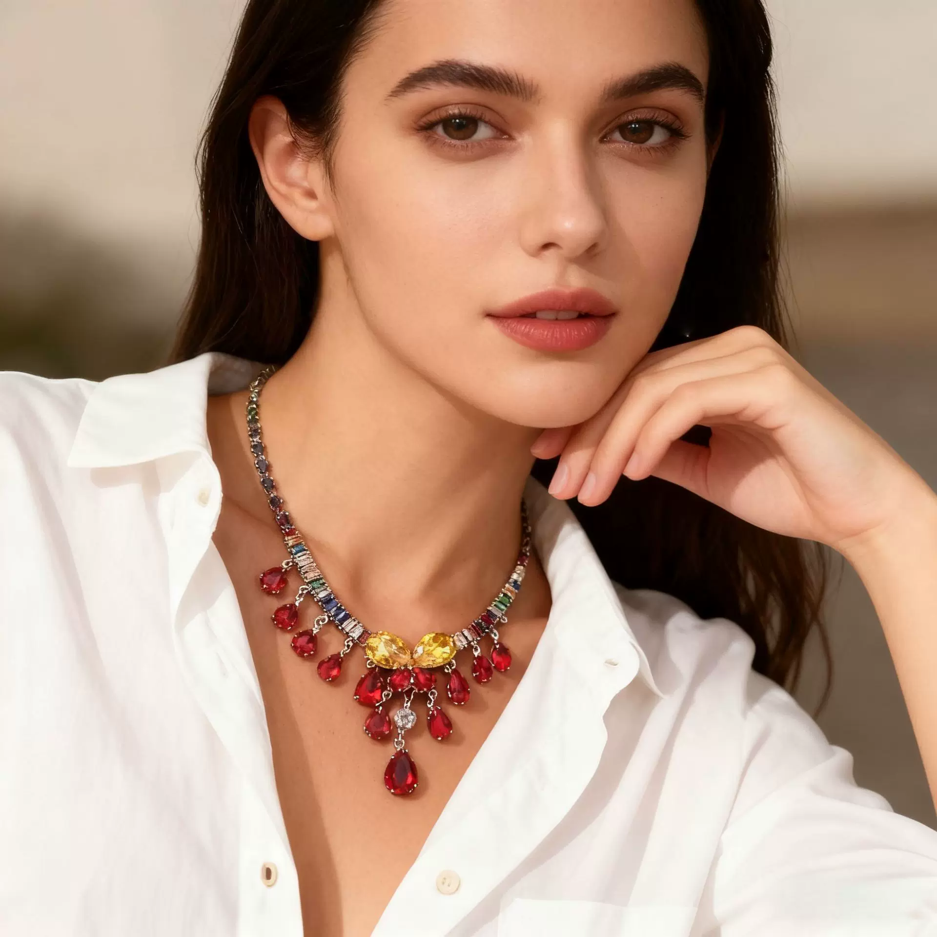 重工高级时尚锆石奢华项链耳环套装佩戴裙装佩戴彩色重工蝴蝶饰品