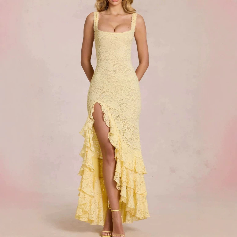 Irregular Ruffled Lace Patchwork Suspender Dress for Women, Summer Beach Vacation Sexy Backless Bodycon Long Dress Irregular Ruffled Lace Patchwork Suspender Dress for Women, Summer Beach Vacation Sexy Backless Bodycon Long Dress