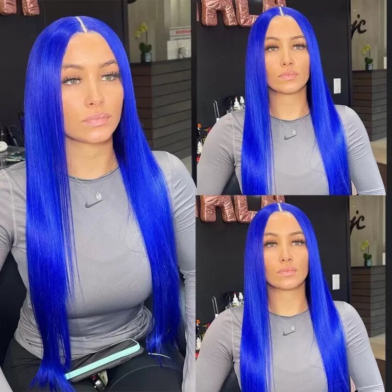 Women's Wig European and American Export Upgraded Hand-Woven Front Lace Random Split Blue Long Straight Hair Realistic Wig Headgear