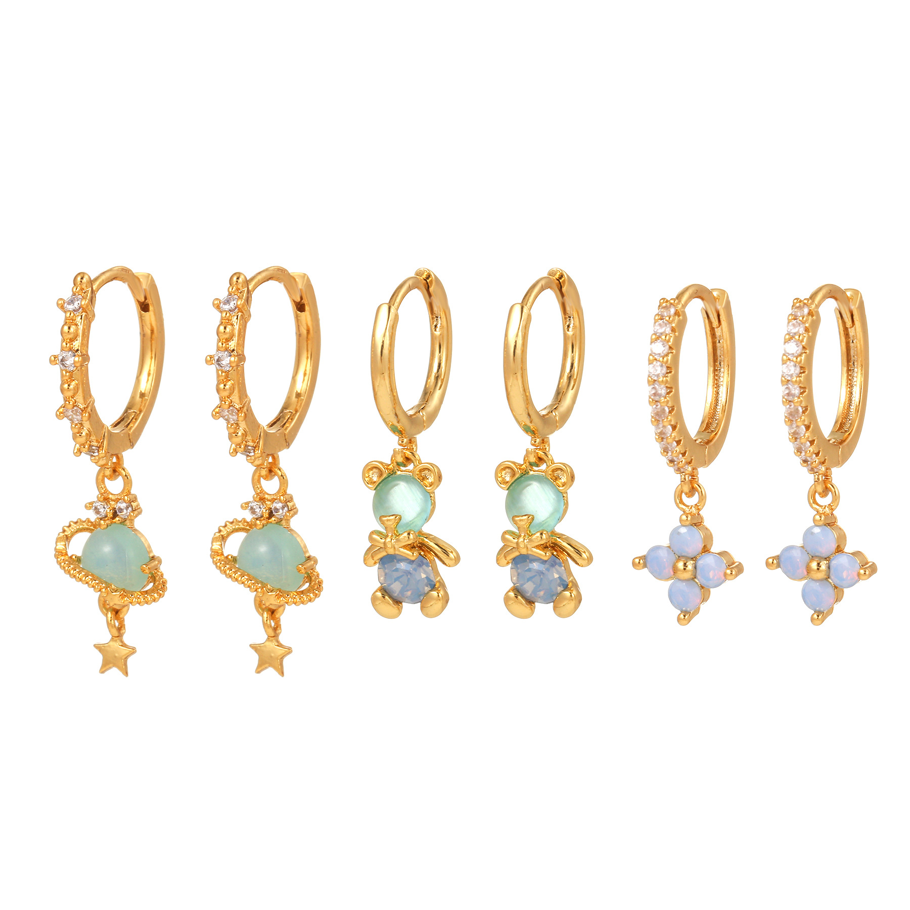 Fashion Star Flower Copper Inlay Zircon Dangling Earrings 1 Set