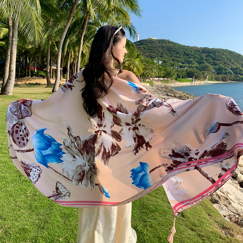 Primavera y verano nuevo estilo étnico Toalla de playa Flor de raíz de loto playa viajes protector solar bufanda algodón y lino sensación exterior chal